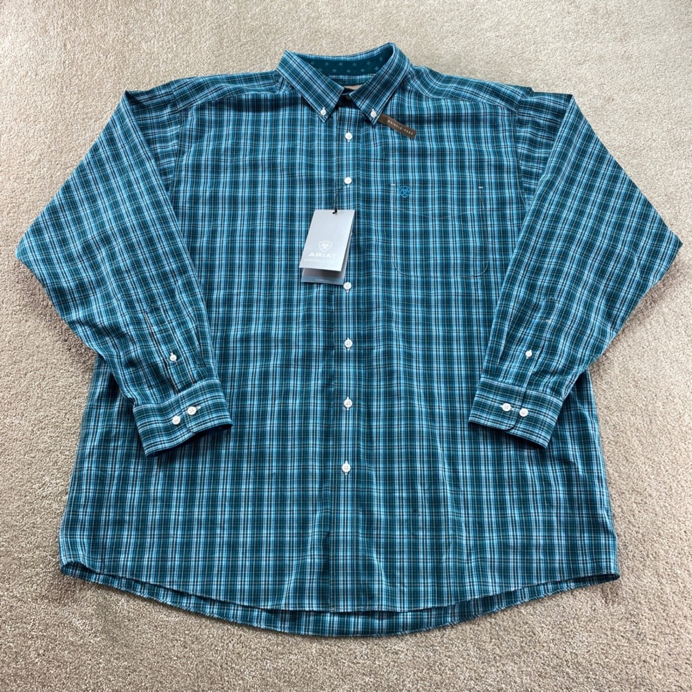 Ariat Gibson LS Shirt Mens‎ XXL Dark Teal Plaid Wrinkle Free Button Down NWT
